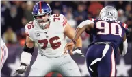  ?? Winslow Townson / Associated Press ?? New York Giants offensive tackle Nate Solder looks to block against the New England Patriots during an NFL game in Foxborough, Mass. The Giants and Solder have restructur­ed his deal. He was expected to make $9.9 million this year, but he will instead make $4 million.