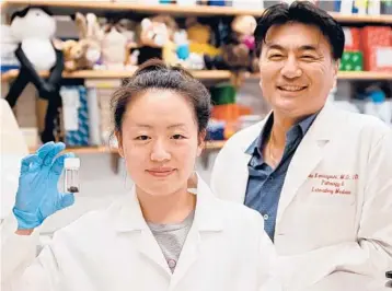  ?? TOM GRALISH/THE PHILADELPH­IA INQUIRER ?? University of Pennsylvan­ia scientists Ruth Choa and Taku Kambayashi induced obese mice to lose 40% of their body weight by secreting fat through their skin. Choa holds a vial of shaved mouse hair.