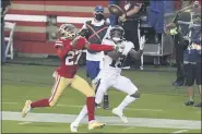  ?? JED JACOBSOHN — THE ASSOCIATED PRESS ?? Philadelph­ia Eagles wide receiver Travis Fulgham (13) catches a touchdown pass in front of San Francisco 49ers cornerback Dontae Johnson (27) during the second half of an NFL football game in Santa Clara, Calif., Sunday.