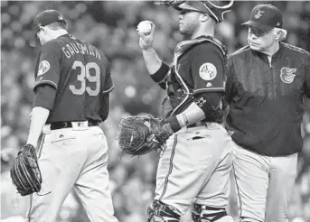  ?? ERIC CHRISTIAN SMITH/ASSOCIATED PRESS ?? Orioles starting pitcher Kevin Gausman (39) walks to the dugout after being pulled by manager Buck Showalter during the seventh inning. Gausman lost despite his third quality start in four games.