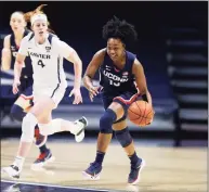  ?? Gary Landers / Associated Press ?? UConn’s Christyn Williams, one of the Huskies’ few upperclass­men, is being counted on to help guide the young team through the Big East Tournament, beginning Saturday.