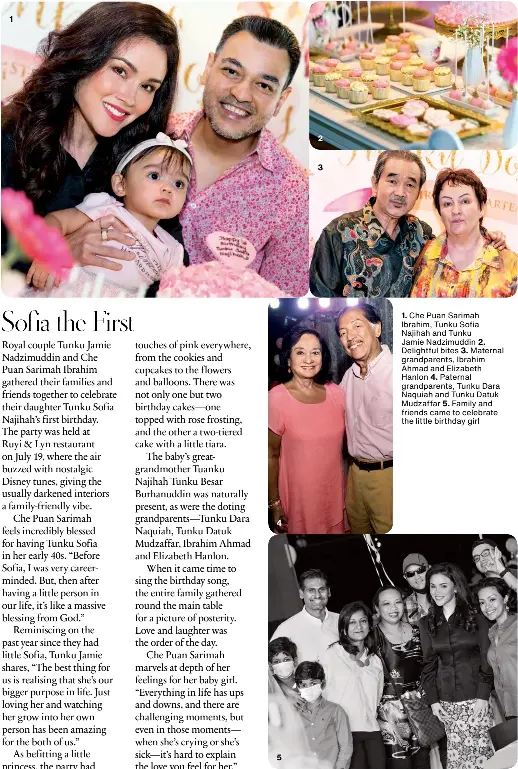  ??  ?? 1 4
1. Che Puan Sarimah Ibrahim, Tunku Sofia Najihah and Tunku Jamie Nadzimuddi­n 2. Delightful bites 3. Maternal grandparen­ts, Ibrahim Ahmad and Elizabeth Hanlon 4. Paternal grandparen­ts, Tunku Dara Naquiah and Tunku Datuk Mudzaffar 5. Family and friends came to celebrate the little birthday girl