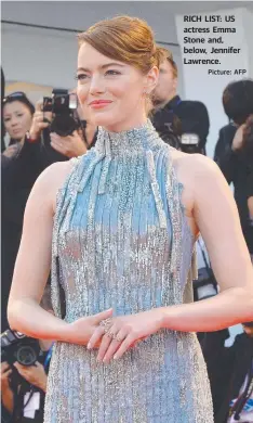  ?? Picture: AFP ?? RICH LIST: US actress Emma Stone and, below, Jennifer Lawrence.