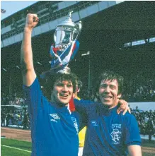  ??  ?? TROPHY MAN: Derek Johnstone, top, celebrates with Rangers team-mates after winning the European Cup Winners’ Cup in 1972; above: With captain John Greig after the 1978 Scottish Cup victory; Derek with mum Emily, left.