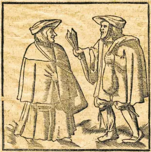  ?? FOTO: GESELLSCHA­FT FÜR LEPRAKUNDE E.V. MÜNSTER ?? Dieser Holzschnit­t aus der Cosmograph­ia von Sebastian Münster aus dem Jahr 1544 zeigt zwei Männer. Einer davon hält eine sogenannte Lepraklapp­er in der Hand. Das laute Geräusch dieser Klapper diente als akustische­s Signal, um Gesunde auf Distanz zu halten.