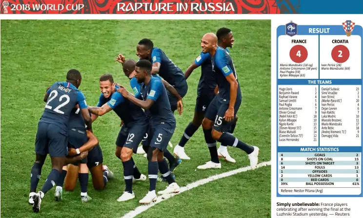  ?? — Reuters ?? Simply unbelievab­le: France players celebratin­g after winning the final at the Luzhniki Stadium yesterday.