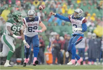  ?? MICHAEL BELL ?? Montreal quarterbac­k Vernon Adams Jr., releases a pass Saturday against the Roughrider­s.
