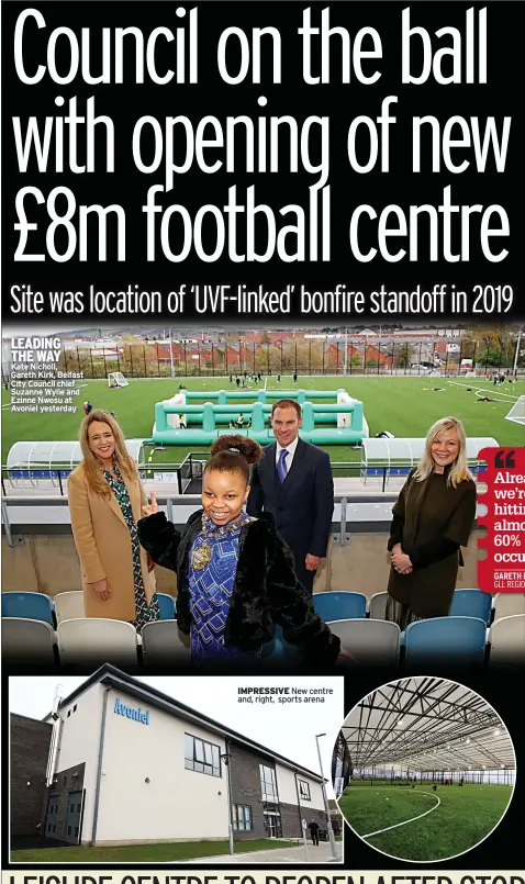  ?? ?? LEADING THE WAY
Kate Nicholl,
Gareth Kirk, Belfast City Council chief Suzanne Wylie and Ezinne Nwosu at Avoniel yesterday
IMPRESSIVE New centre and, right, sports arena