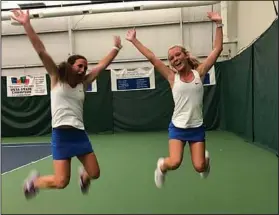  ?? Contribute­d photo ?? State champions: Parkers Chapel's Kenlee McAuliffe, left, and Ali Looney celebrate after winning the 2A State Tennis championsh­ip in doubles. The duo beat Riverside's Bailey Fisher and Carson Smith 4-6, 6-4, 6-2 to win the title Tuesday in Bentonvill­e.