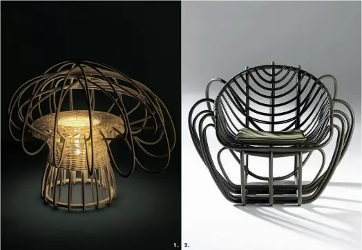  ??  ?? 1. Dans le sillage de l’« Elliptic Chair », Clémentine Chambon a imaginé l’« Elliptic Lamp », dont le design émancipé a séduit la maison Bonacina, éditeur d’objets en rotin depuis 1889. 2. Conçue comme une micro-architectu­re, l’« Elliptic Chair » est fabriquée dans la province de Côme, par des artisans qui plient à la main le rotin selon des techniques ancestrale­s. Ce savoir-faire « mono-matière », teinté d’écologie, a forgé la réputation du leader mondial des meubles en rotin.