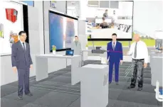  ?? FOTOS: SCREENSHOT PROOF OF CONCEPT/HEGO ?? Der Avatar von Franz Waitkus (rechts), Inhaber der Firma Waitkus Engineerin­g, die auf der virtuellen Messe ausstellt, erklärt Besuchern am Stand ein Bauteil einer automatisi­erten Anlage.