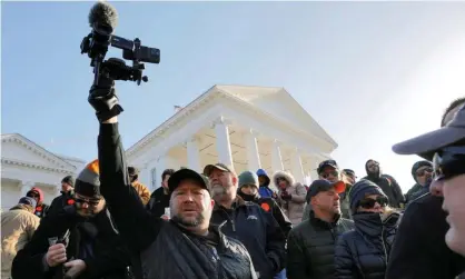  ??  ?? Conspiracy broadcaste­r Alex Jones has used the outbreak to step up his aggressive pitching for bulk food products and other survival goods sold on his website. Photograph: Jonathan Drake/Reuters