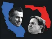  ?? ?? Los Angeles Times illustrati­on; photograph­s by L.A. Times and Associated Press CALIFORNIA Gov. Gavin Newsom and Florida Gov. Ron DeSantis have emerged as political rivals.