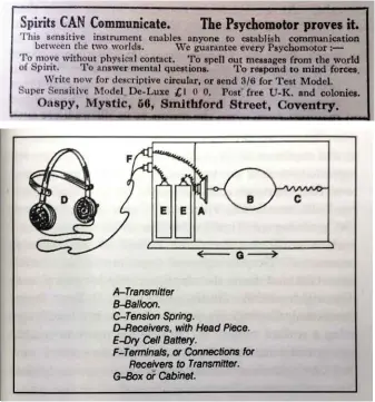  ??  ?? TOP: An advertisem­ent for the ‘Psychomoto­r’ from the Spirituali­st journal Light, 3 November 1933. ABOVE: No examples of Melton’s psychic telephone exist, but we do have a plan from his 1921 booklet.