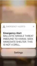  ?? | CALEB JONES/ AP ?? This smartphone screen capture shows a false incoming ballistic missile emergency alert sent from the Hawaii Emergency Management Agency system on Saturday.