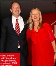  ??  ?? Clockwise from far left, David Shearer feeding a lamb in 1964; with Somali staff flying out of Somalia in 1992; with Peni, his Fijian close protection in Iraq in 2009; on stage with wife Anuschka Meyer at the 2012 Labour Party conference; digesting the...