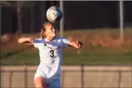  ?? Christian Abraham / Hearst Connecticu­t Media ?? Joel Barlow’s Isabel Petron (3) heads the ball during the girls soccer game against Notre Dame of Fairfield in Trumbull on Thursday.