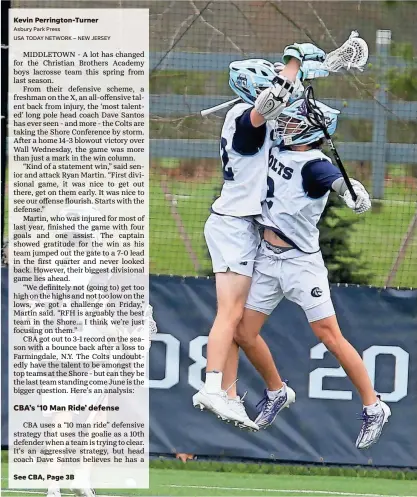  ?? See CBA, Page 3B THOMAS P. COSTELLO/ASBURY PARK PRESS ?? CBA’s Davis Campbell, right, celebrates his goal against Wall at home Wednesday with teammate Ryan Martin.