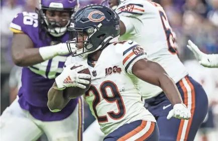  ?? BRACE HEMMELGARN/USA TODAY SPORTS ?? Tarik Cohen, who played four seasons with the Bears, was released by the team in March after struggling to come back from a serious knee injury suffered in 2020.
