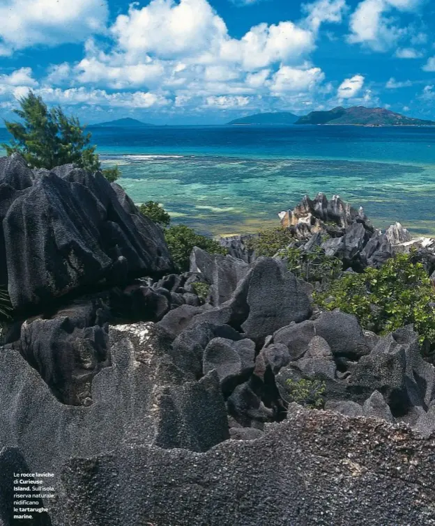  ??  ?? Le rocce laviche di Curieuse Island. Sull’isola, riserva naturale, nidificano le tartarughe marine.
DOVE