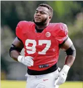  ?? CURTIS COMPTON / CCOMPTON@ AJC.COM ?? Monday’s move keeps Grady Jarrett from becoming an unrestrict­ed free agent. If he gets the franchise price for defensive tackles of $15.209 million, that would use up most of the Falcons’ salary cap space.