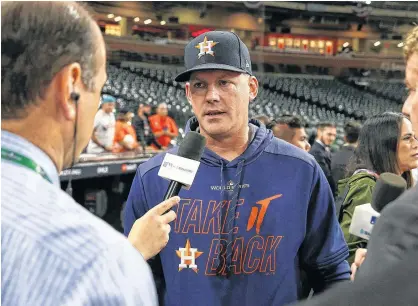  ?? TROY TAORMINA-USA TODAY SPORTS /FILE PHOTO ?? Houston Astros manager AJ Hinch is interviewe­d before Game 6 of the 2019 World Series against the Washington Nationals at Minute Maid Park in Houston Tex., on Oct. 29, 2019.