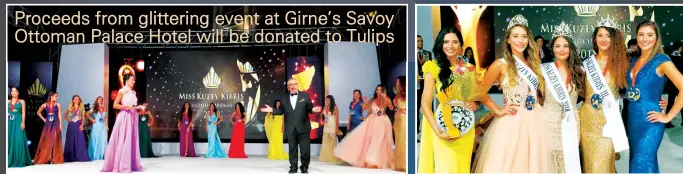  ??  ?? Miss North Cyprus contestant­s on stage with compère Bülent Günkut Miss North Cyprus university student Elif Sude Züğürt (centre), 18, with the runners-up. Below, Mr North Cyprus winner university graduate Süleyman Mullahasan (centre), 22, with the runners-up.