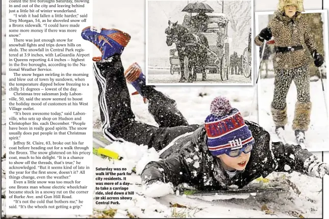  ??  ?? Saturday was no walk in the park for city residents. It was more of a day to take a carriage ride, sled down a hill or ski across snowy Central Park.