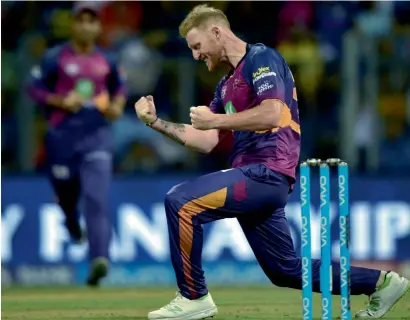  ?? — PTI ?? Rising Pune Supergiant­s’ Ben Stokes celebrates the dismissal of Mumbai Indians’ Jos Buttler during their IPL match.