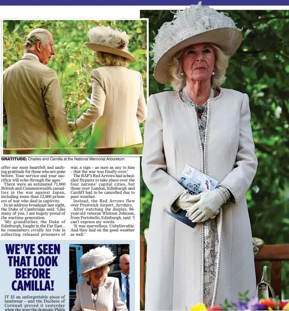  ??  ?? HONOURING THE DEAD: The Prince and his wife during the two-minute silence. Earlier, Charles praised the valiant efforts of those who fought GRATITUDE: Charles and Camilla at the National Memorial Arboretum