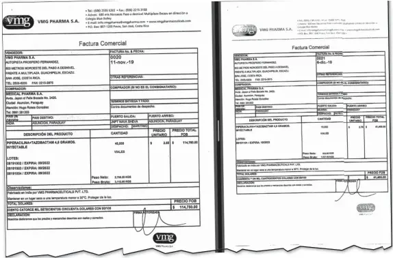  ??  ?? Las dos facturas emitidas por la firma VMG Pharma de la India por la compra de piperacili­na por Medical Pharma, pertenecie­nte a Justo Ferreira.