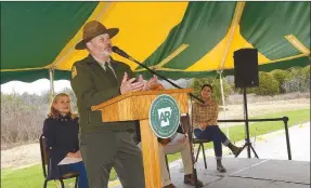  ?? Flip Putthoff/NWA Democrat-Gazette ?? Monte Fuller, superinten­dent at Devil’s Den State Park, talks about Devil’s Racetrack trailhead and camping areas, the newest addition at the park.