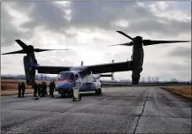  ?? CONTRIBUTE­D ?? A Marine Corps MV-22 landed at Wright-Patterson Air Force Base on Tuesday to become a permanent part of research at the Naval Medical Research Unit-Dayton.