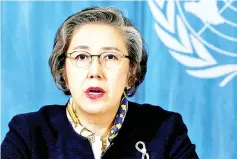  ??  ?? File photo of Lee addressing a news conference after her report to the Human Rights Council at the United Nations in Geneva, Switzerlan­d. — Reuters photo