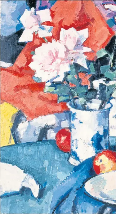  ?? ?? Roses, an oil on canvas, shows Peploe’s love of both vibrant colour and still lifes