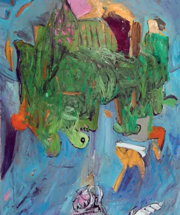  ??  ?? I colori In grande, «Cespuglio urbano» di Piermario Dorigatti (2005). In piccolo, a destra, «Gioco cinese» di Mauro De Carli (1996). A sinistra, «Kazak I» di Piermario Dorigatti (2019)
