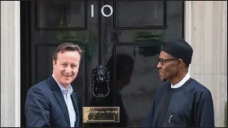  ??  ?? RUBBING MINDS ... President-elect Muhammadu Buhari and British Prime Minister David Cameron at the end of their meeting at the Prime Minister’s office in London ...yesterday