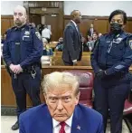  ?? TIMOTHY A. CLARY / POOL VIA AP ?? Donald Trump attends his trial for allegedly covering up hush money payments linked to extramarit­al affairs, at Manhattan Criminal Court in New York, on Tuesday. Lawyers agreed on a cash account for bond in Trump's civil fraud judgment on Tuesday.