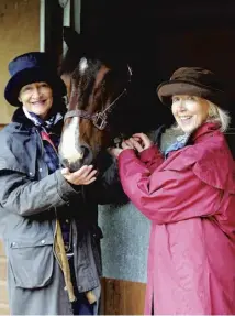  ??  ?? Karen Watt carrying out a sound massage on 18-year-old bay gelding Herbie, main left and right; Herbie’s owner Jenny Hess, above left, with Marion Livingston