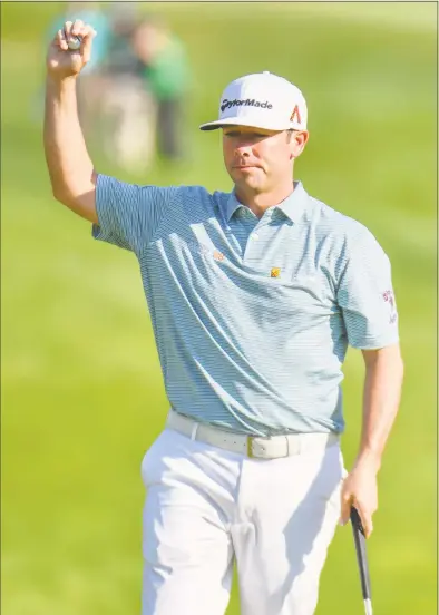  ?? Gregory Vasil / For Hearst Connecticu­t Media ?? Chez Reavie reacts after winning the Travelers Championsh­ip on Sunday at TPC River Highlands in Cromwell.