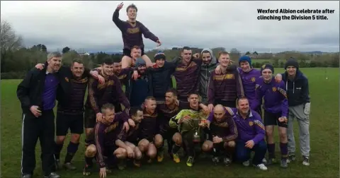  ??  ?? Wexford Albion celebrate after clinching the Division 5 title.