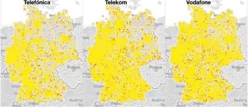  ??  ?? UMTS- UND GSM-VERSORGUNG: Die Karten zeigen für Telefónica (O2), Telekom und Vodafone, wo die Nutzer der connect-App mit 3G- (gelb) und 2G-Mobilfunk (orange) versorgt waren. Sind an einem Punkt beide Technologi­en verfügbar, ist die Karte gelb für UMTS.