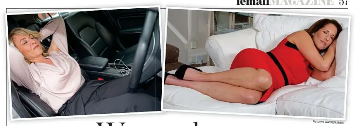  ?? Pictures: WARREN SMITH ?? Snoozing: Tally Bookbinder (left) has a nap in her car at work. Above: Fran Elkinson asleep on her office sofa