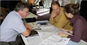  ??  ?? Brendan Whyte and Douglas Taylor from Blackwater with Emma Holland RPS at the public consultati­on day in Wexford Library.