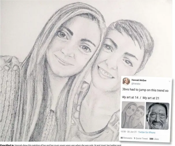  ??  ?? Pencilled in
Hannah drew this painting of her and her mum seven years ago when she was only 14 and, inset, her twitter post