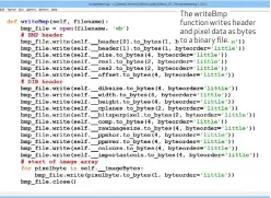  ??  ?? The writeBmp function writes header and pixel data as bytes to a binary file.