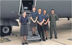  ??  ?? From left: Cadet Lauren Robertson, Corporal Jocelyn Turner, Sergeant Mateusz Aleksander and Flight Sergeant Rea Bloice, with one of the aircrew who gave a tour of the aircraft.