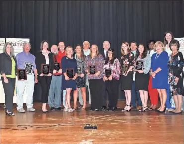  ??  ?? Several businesses and community members were recognized for their diligent work at the annual Chamber of Commerce dinner. Front row left to right are Gretchen Neal, Lookout Mountain Drug Court,2018 Chair, Walker County Chamber; Elizabeth Wells, City of Rossville, Young Profession­al of the Year; Christy Anderson, Probate Judge, Ambassador of the Year; Angela Kirk and Morgan Wright, Big Brothers Big Sisters, Non-Profit of the Year; Chris Davis, Real Estate Partners, retiring Board of Directors. Back row left to right are Alicia Moore, First Volunteer Bank, 2019 Chair, Walker County Chamber; Lacey Wilson, President, Walker County Chamber; Tim Salentine and Jacob Howell, Labrie Parts Corp, Manufactur­er of theYear; David Hamilton, City of Lafayette, Manager of the Year; Enoch Elwell and Jose Alfaro, Treetop Hideaways, Small Business of the Year.