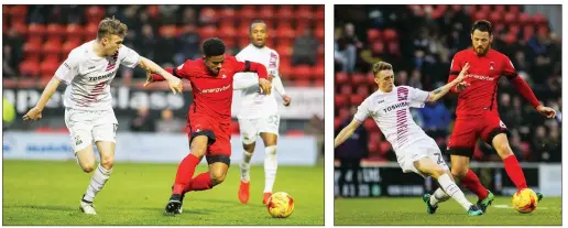  ??  ?? TAYLOR MADE: Harry Taylor tussles Orient’s Josh Koroma, left, while Tom Parkes is dispossess­ed by Jack Taylor, right