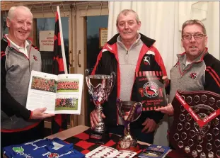  ??  ?? Pieri Dunbar, Hughie Kennedy and George Griffiths at the Gorey Rangers stand.